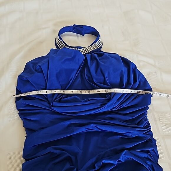 Jovani Rushed Halter Neckline With Faux Pearl Maxi Dress With Side Slit 12 Blue - Picture 12 of 16